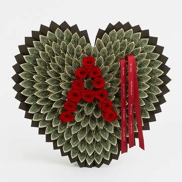 Heart-Shaped Money Fan with Rose Initial "A" Design