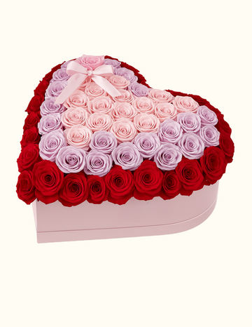 Heart-Shaped Luxury Rose Box – Red, Pink, and Lavender Roses with Elegant Bow