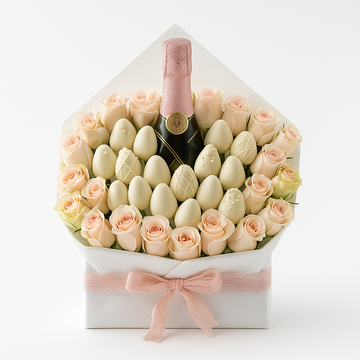 Elegant Rose & White Chocolate Strawberry Bouquet with Sparkling Bottle