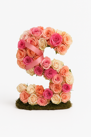 Floral Number “S” Arrangement with Mixed Roses and Ribbon Accent
