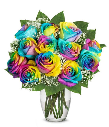 Rainbow Colored Rose Arrangement – A Stunning Gift in a Glass Vase 🏷️