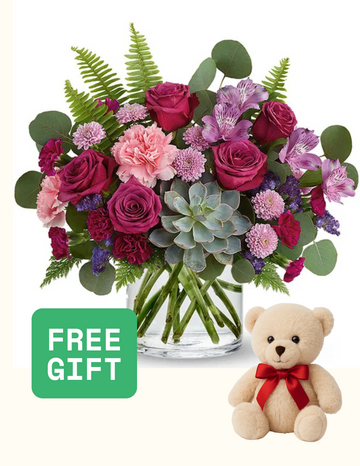 💐 Lila Garden – Rose & Succulent Arrangement in Glass Vase