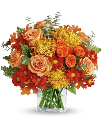 💐 Autumn Elegance Flower Arrangement – Warm Hues in a Glass Vase