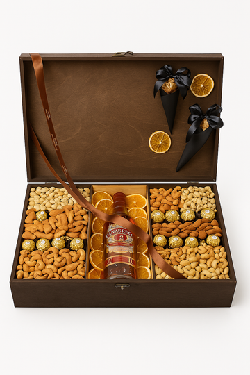 Luxury Whiskey Wood Gift Box with Nuts, Chocolates & Dried Citrus