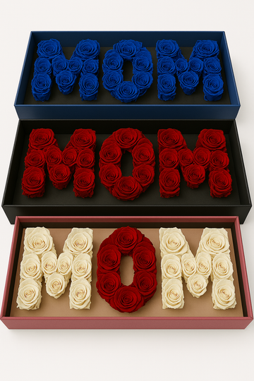 “MOM” Flower Letter Box – Rose Arrangement in Elegant Gift Box