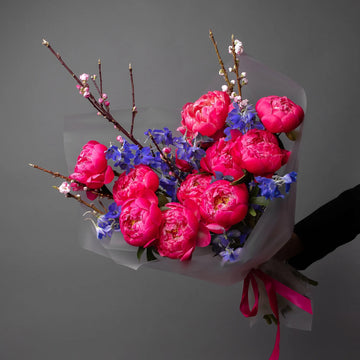 🌸 Blossom Symphony – Peony & Blue Delphinium Bouquet