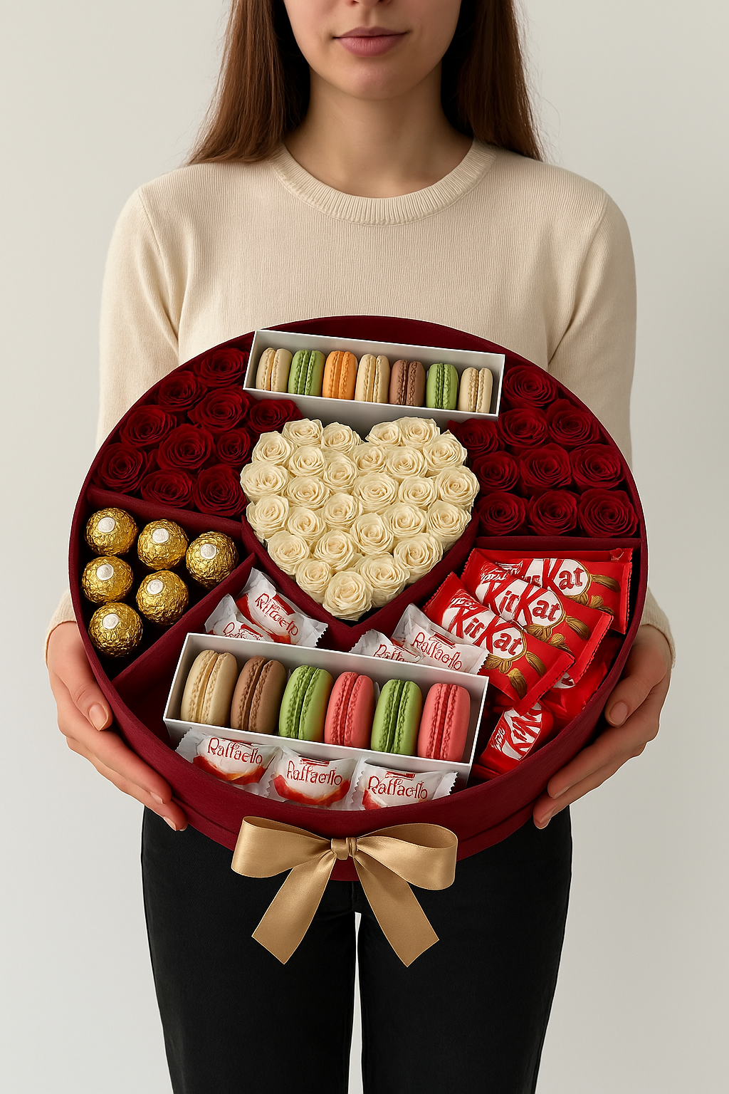 Deluxe Round Gift Box with Roses, Macarons & Chocolates