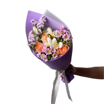 💐 Pastel Garden Bouquet – Lavender Wrapped Elegance with Mixed Blooms