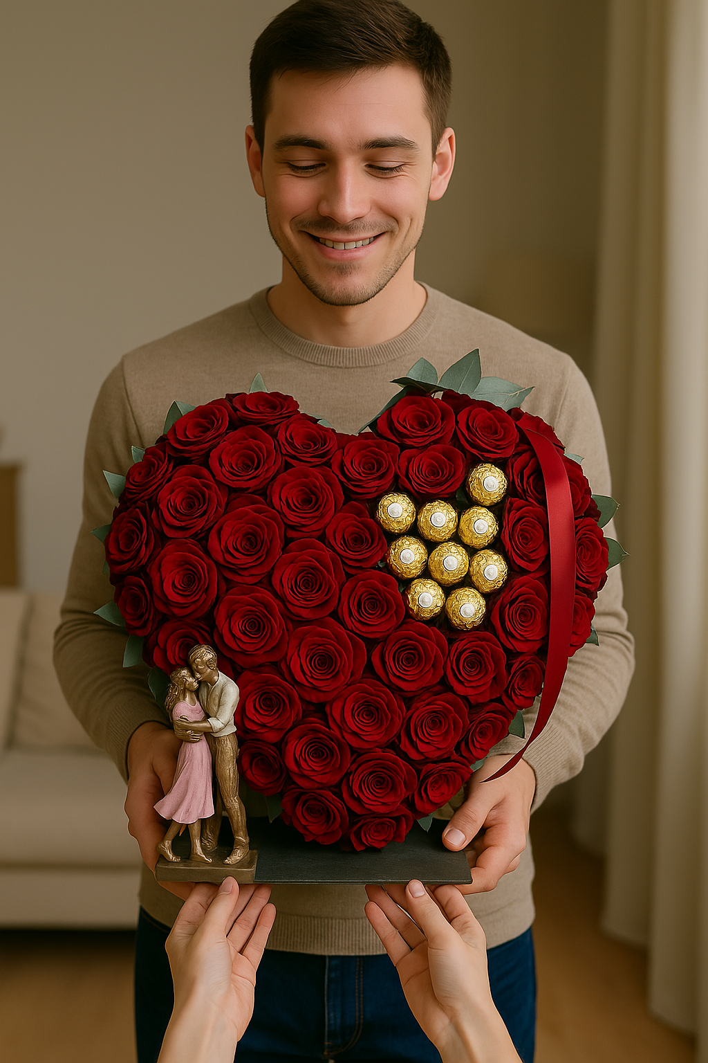 Heart-Shaped Red Rose & Chocolate Arrangement