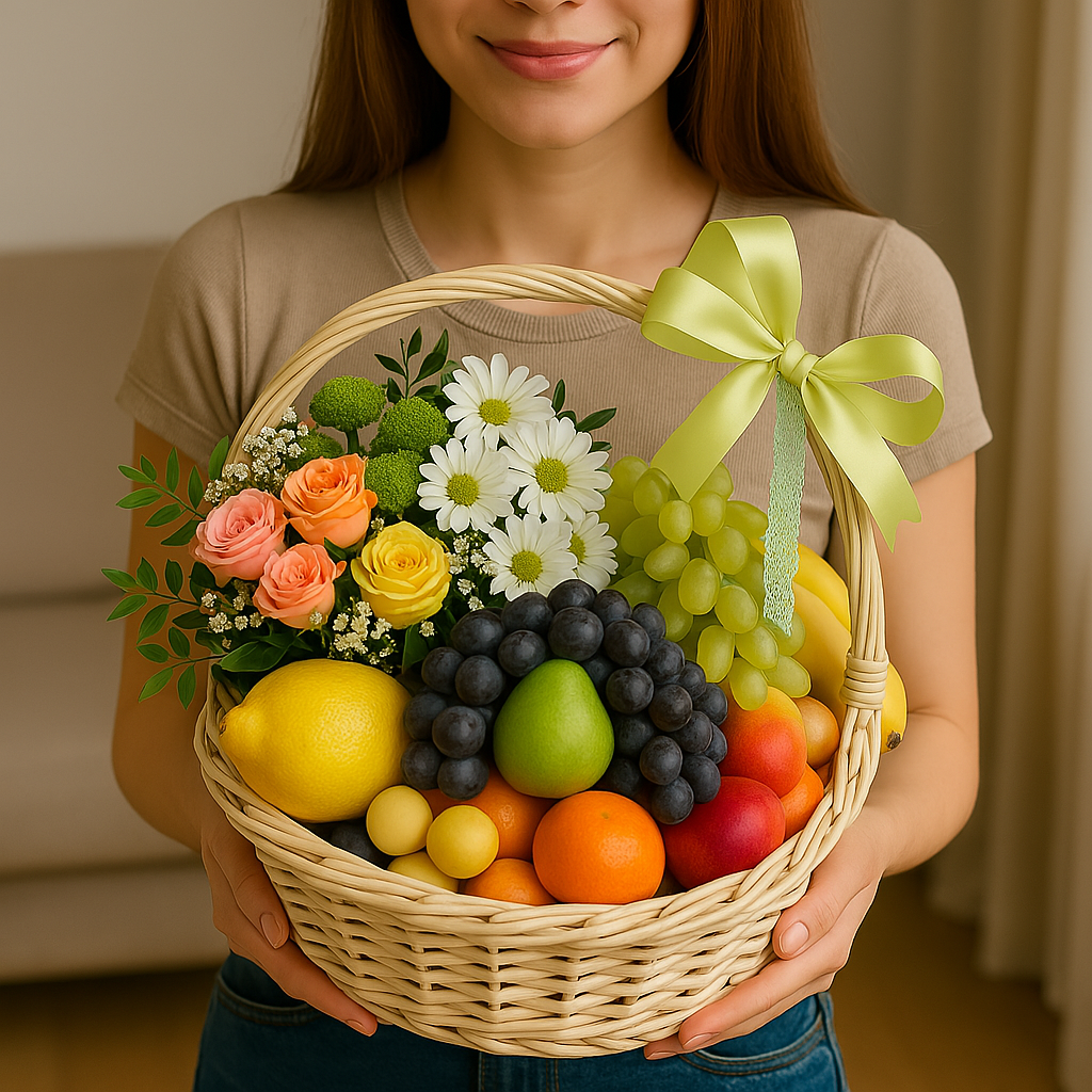 Bright Fruit & Flower Gift Basket with Green Ribbon Bow