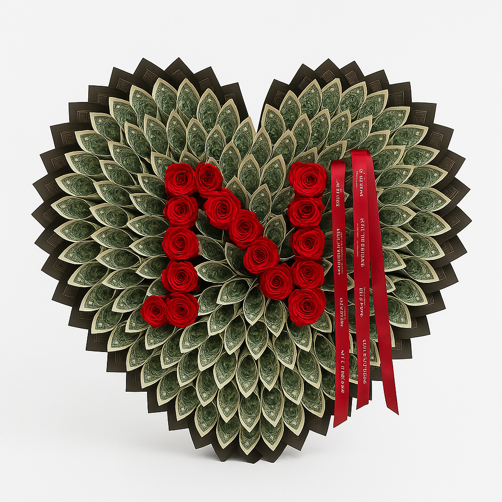 Heart-Shaped Money Fan with Rose Initial "A" Design