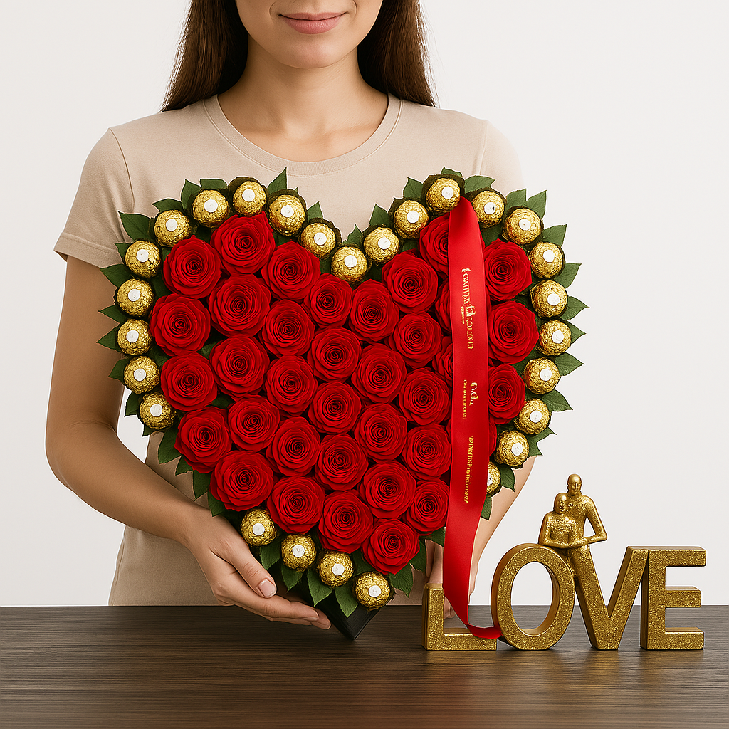 Luxury Heart Box – Red Roses & Ferrero Edition