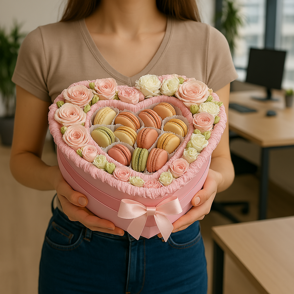 Heart-Shaped Macaron & Flower Gift Box in Soft Pink