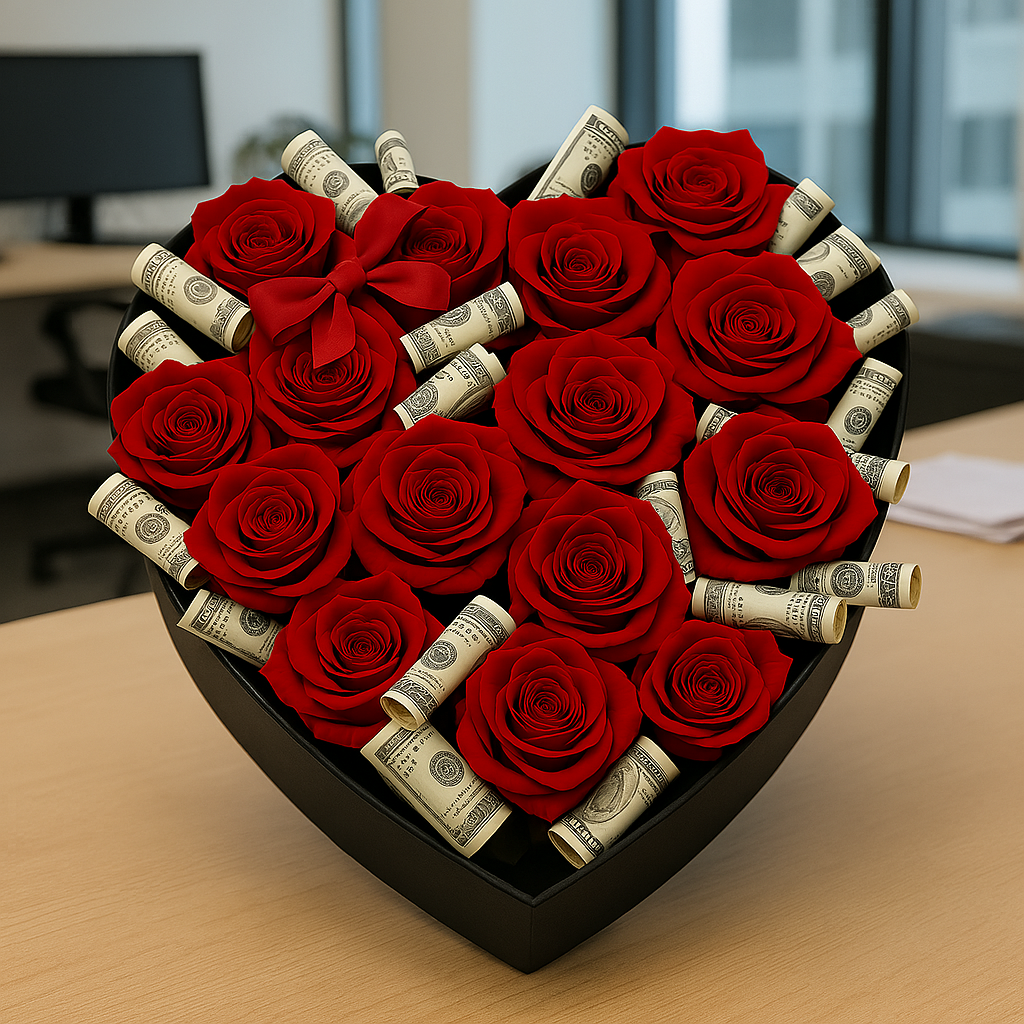 Luxury Heart Box with Red Roses and Money Rolls