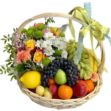 Bright Fruit & Flower Gift Basket with Green Ribbon Bow