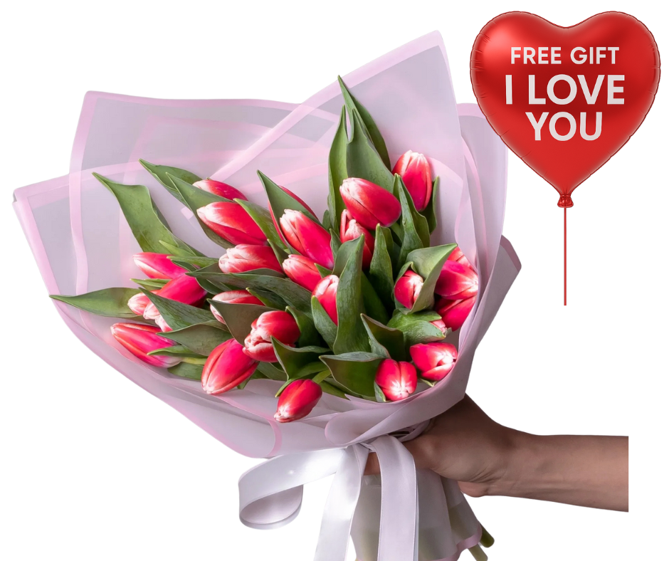 🌷 Elegant 25 (ALL COLORS) & White Tulip Bouquet + FREE “I LOVE YOU” Heart Balloon 🎈