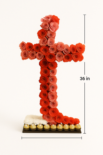 Elegant Floral Cross Arrangement with Roses & Chocolates