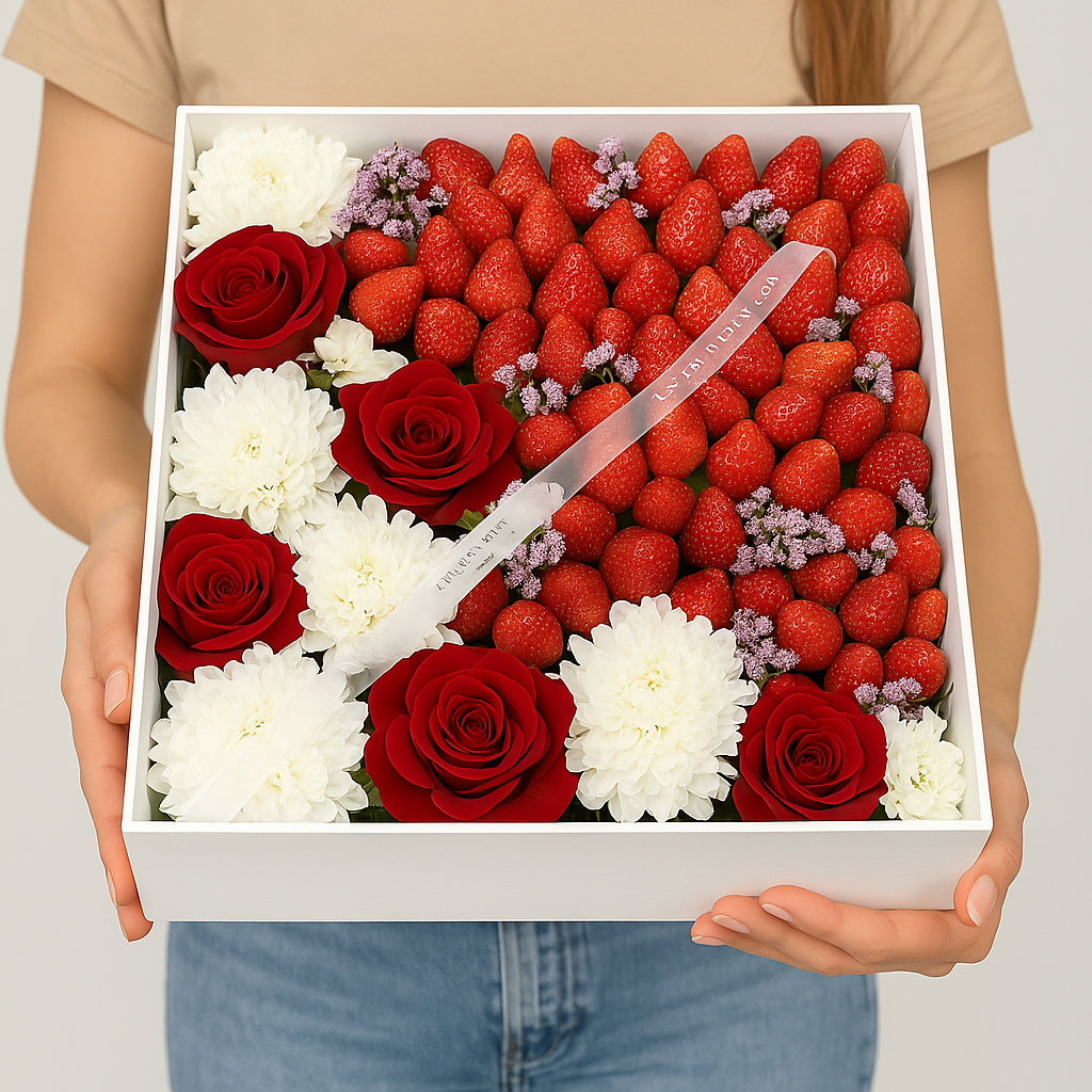 Strawberry Bloom Box – Roses, Chrysanthemums & Fresh Berries