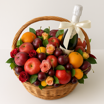 Deluxe Fruit & Sparkling Wine Gift Basket with Roses