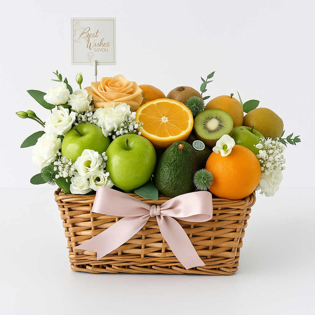 Fresh Fruit & Flower Basket with Best Wishes Card
