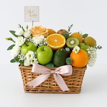 Fresh Fruit & Flower Basket with Best Wishes Card