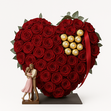 Heart-Shaped Red Rose & Chocolate Arrangement