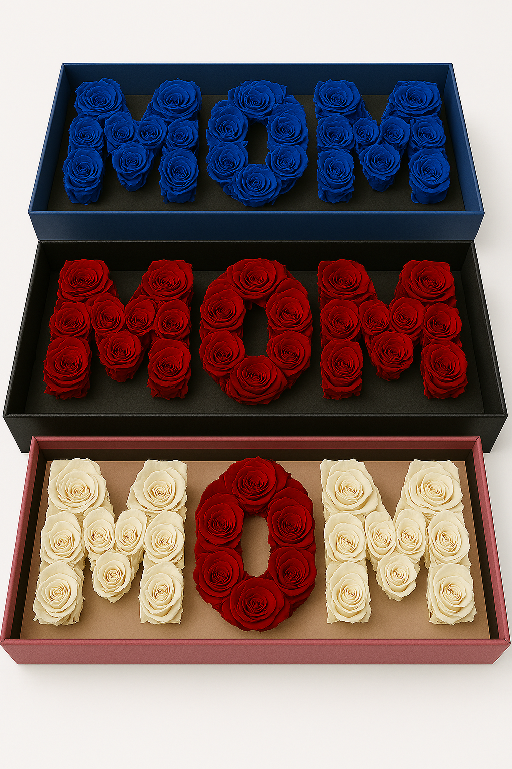 “MOM” Flower Letter Box – Rose Arrangement in Elegant Gift Box