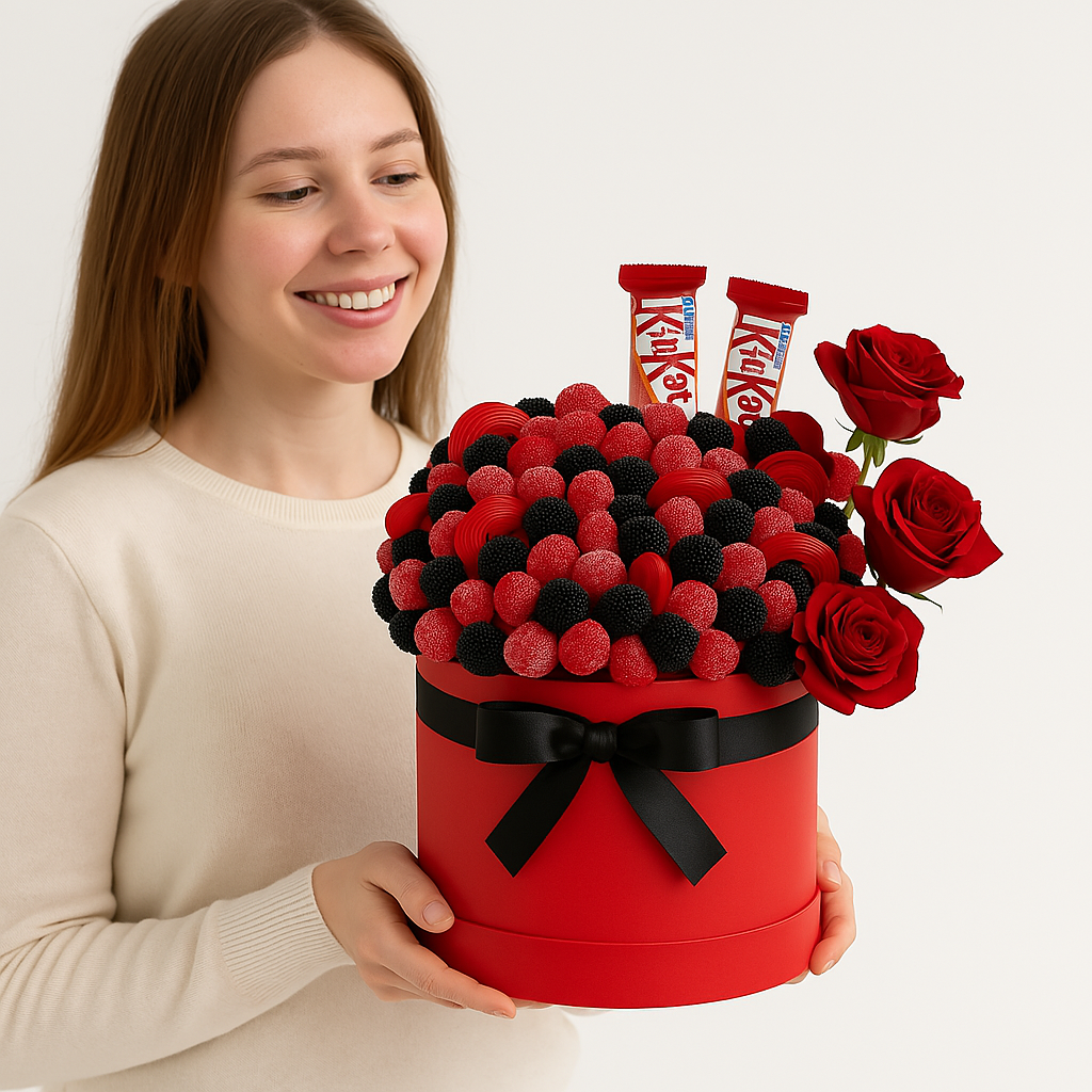 Red & Black Candy Box with Roses and KitKat Bars