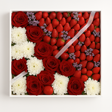 Strawberry Bloom Box – Roses, Chrysanthemums & Fresh Berries