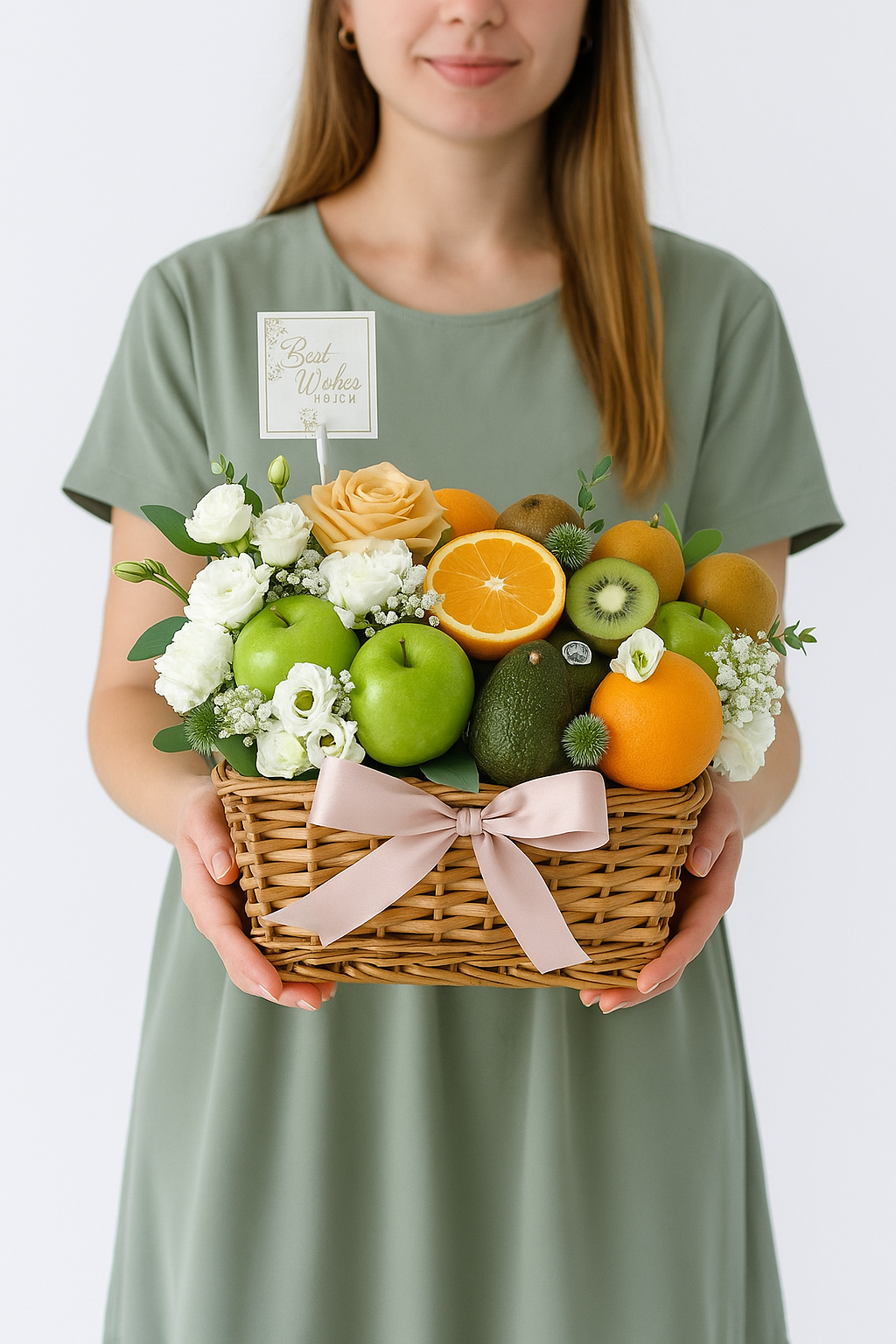 Fresh Fruit & Flower Basket with Best Wishes Card