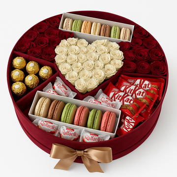 Deluxe Round Gift Box with Roses, Macarons & Chocolates