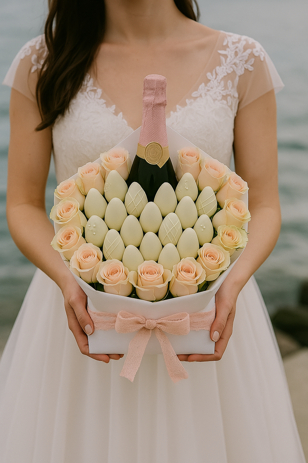 Elegant Rose & White Chocolate Strawberry Bouquet with Sparkling Bottle