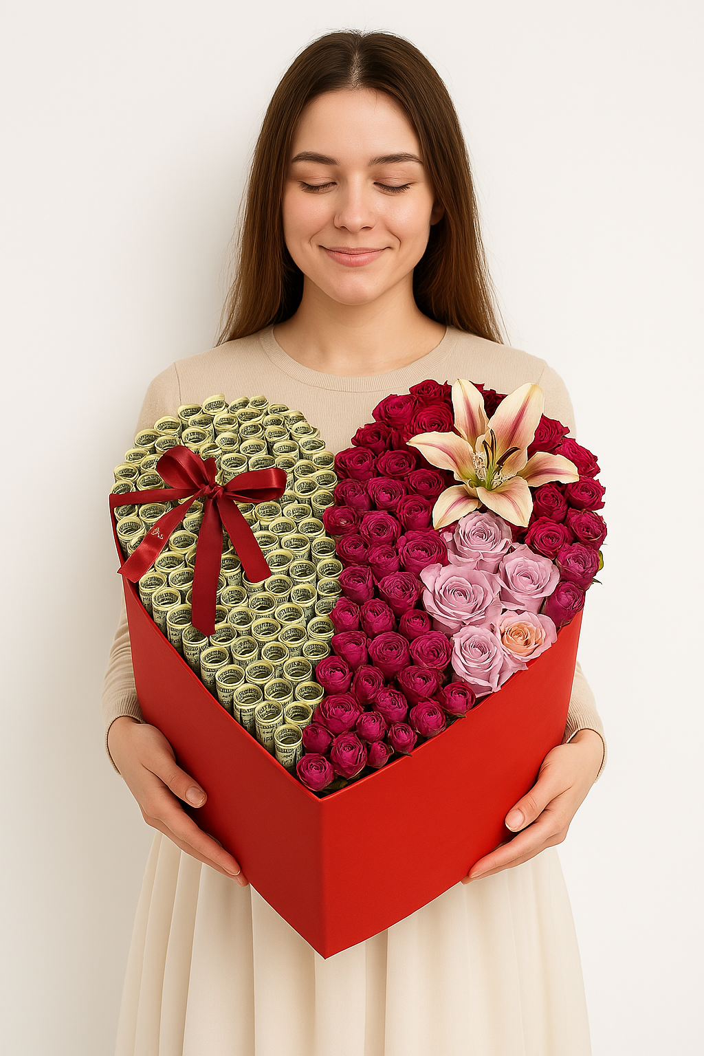 Heart-Shaped Luxury Box with Roses, Lilies &amp; Rolled Money