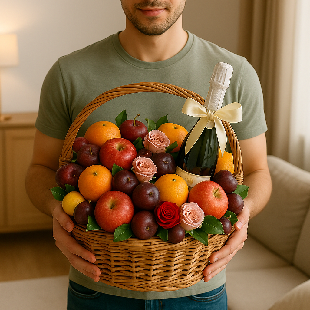 Deluxe Fruit & Sparkling Wine Gift Basket with Roses