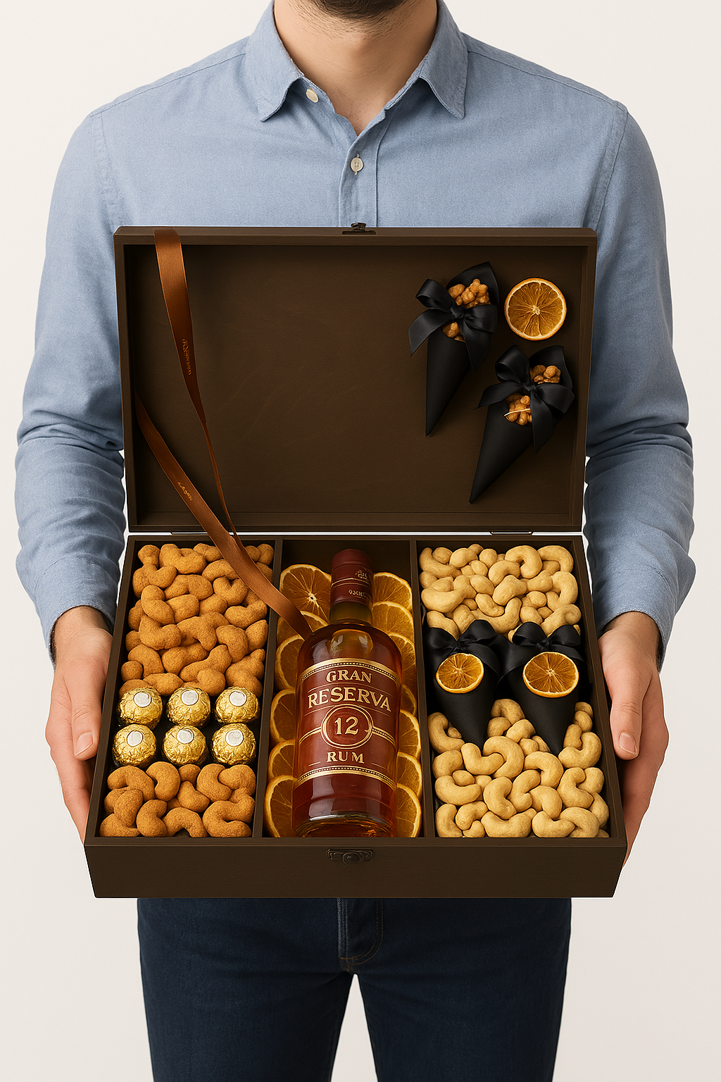 Luxury Whiskey Wood Gift Box with Nuts, Chocolates & Dried Citrus