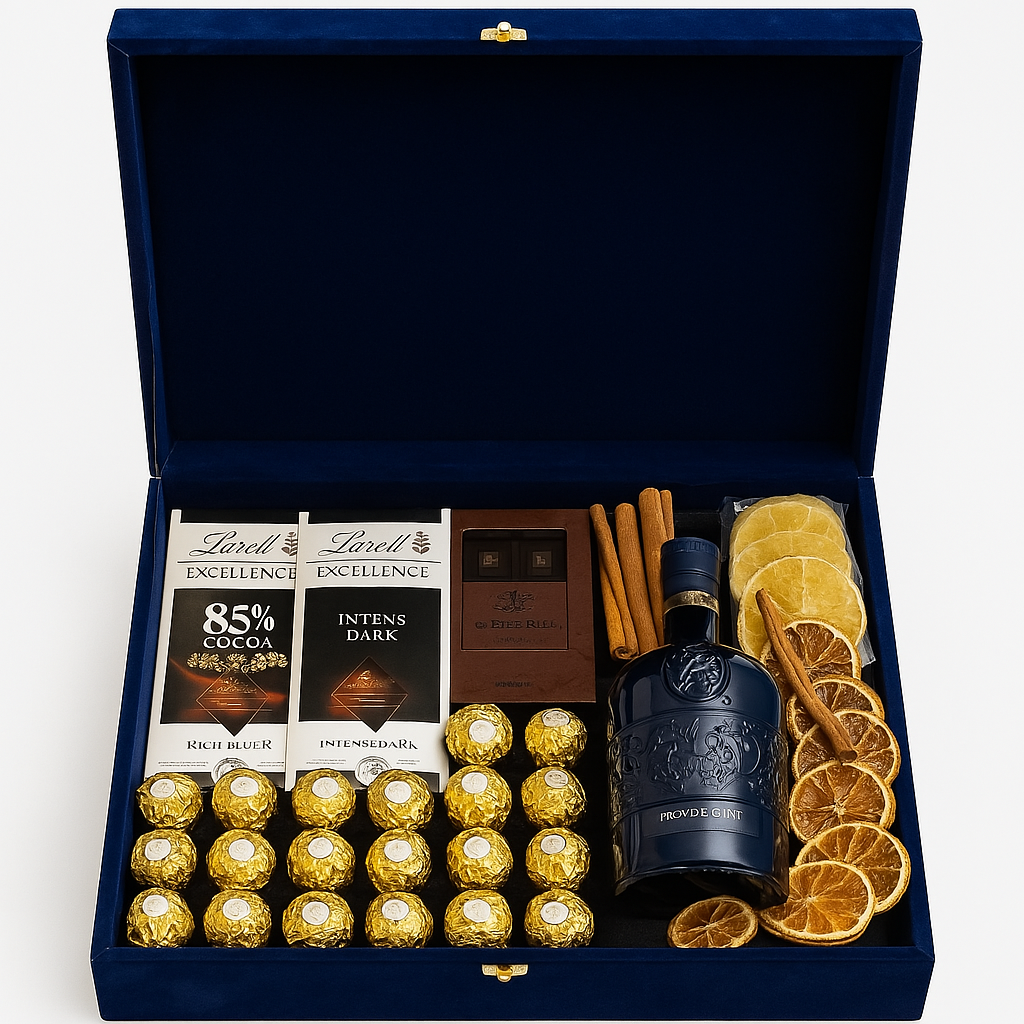 Premium Velvet Gift Box with Gin, Dark Chocolates & Gourmet Treats