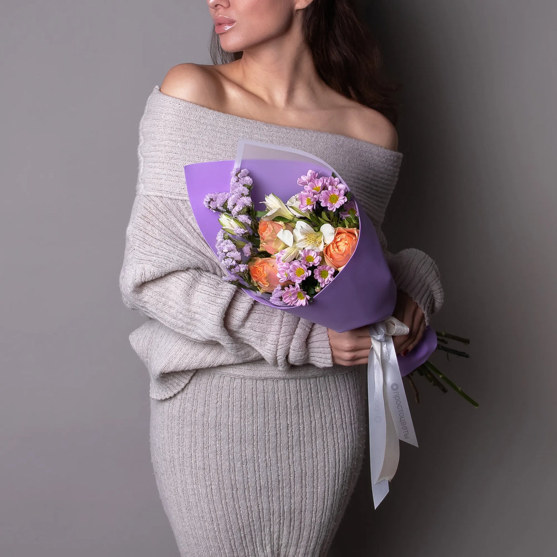 💐 Pastel Garden Bouquet – Lavender Wrapped Elegance with Mixed Blooms