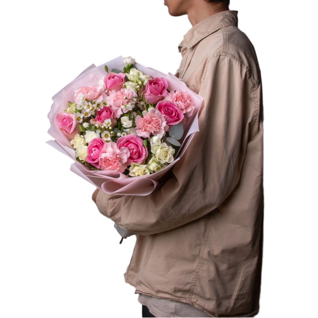 🌸 Blush Harmony Bouquet – Soft Pink Roses & White Blooms Wrapped with Love